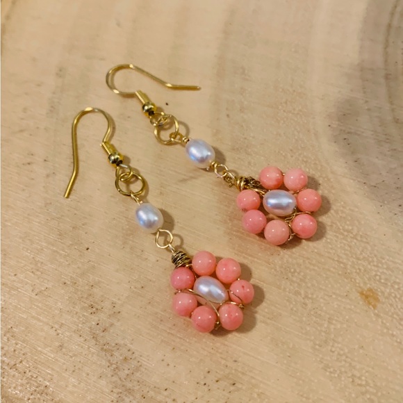 Handmade Coral and Pearl Flower Earrings - Picture 4 of 7